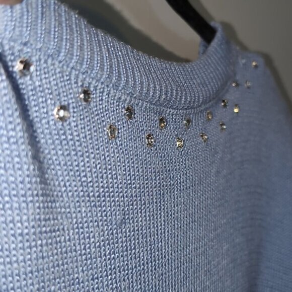 Vintage 80s Jewel Neck Sweater Knit Pullover Soft Blue Embellished Tunic - Picture 9 of 16